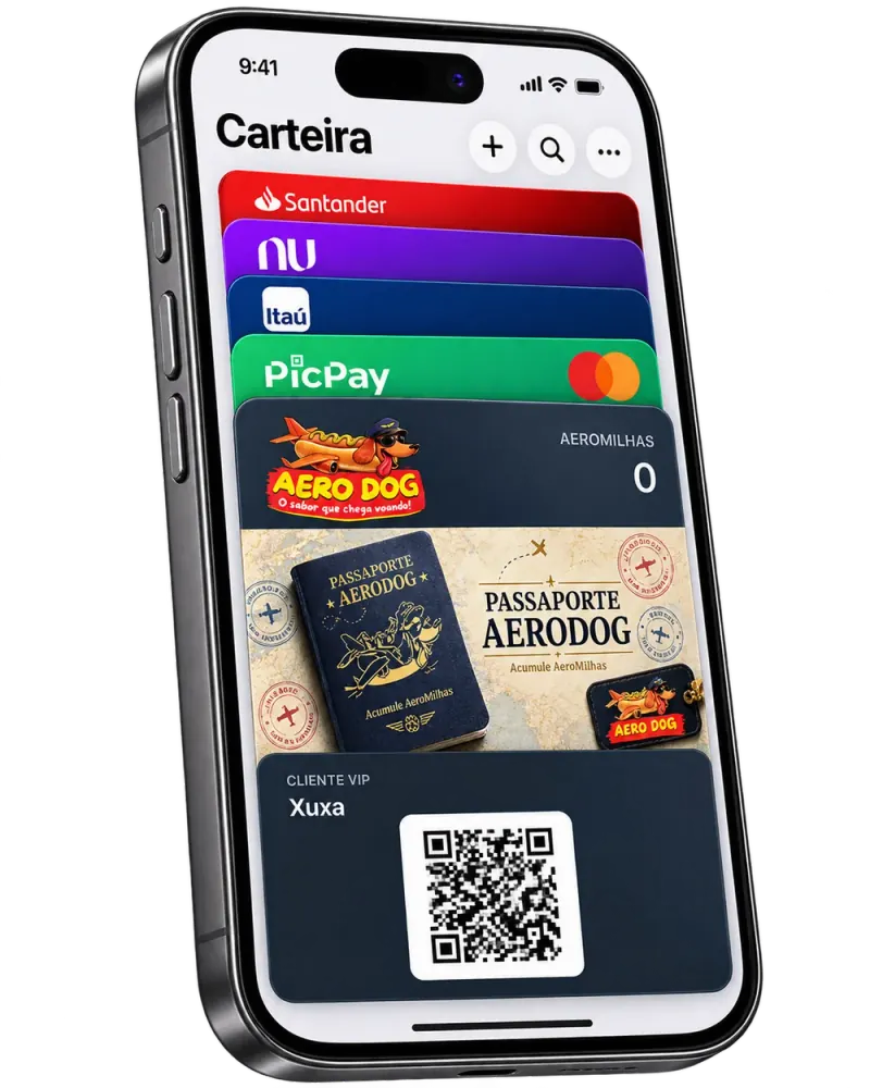 iPhone com a Carteira aberta mostrando cartões e um passe, pronto para somar na próxima visita