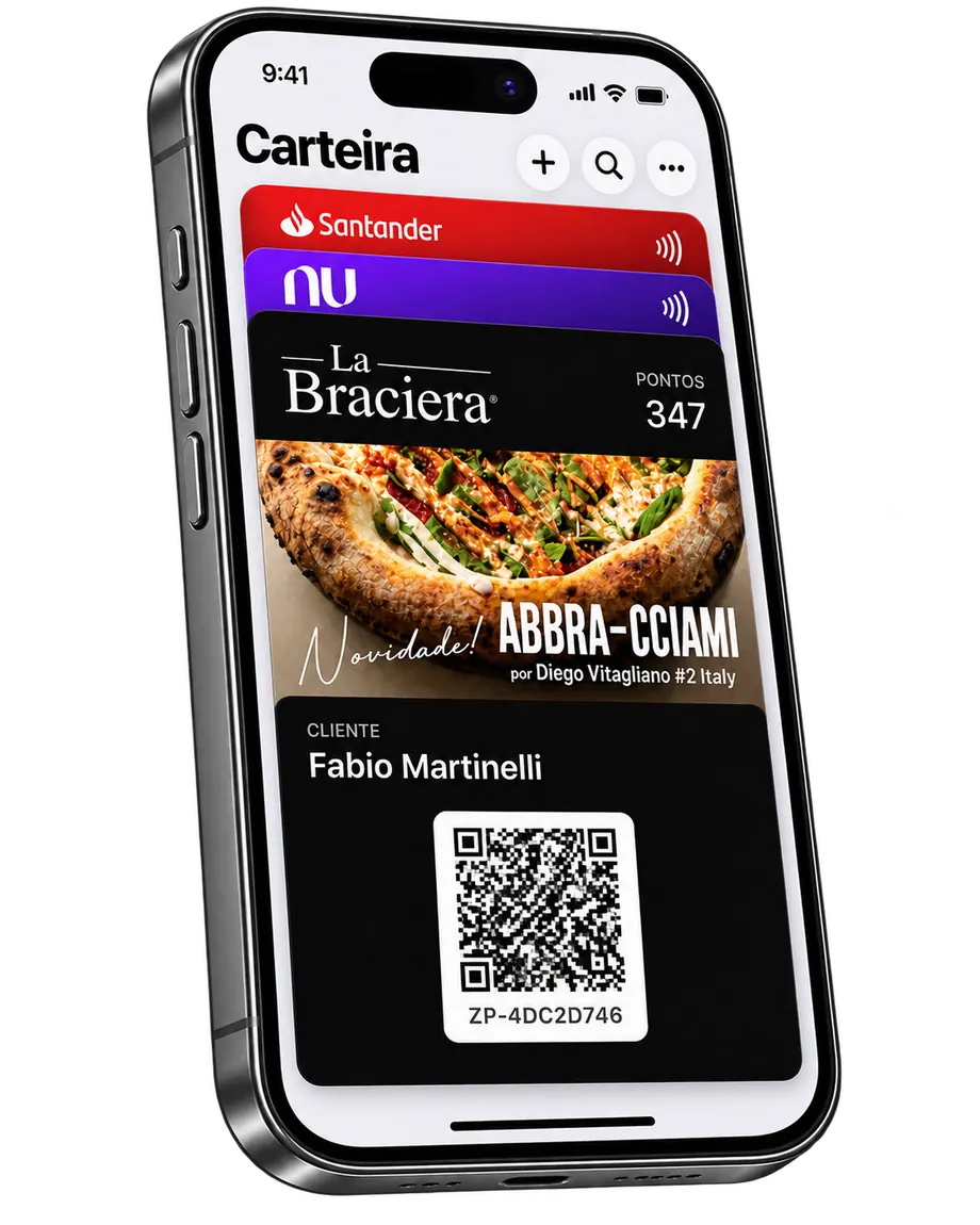iPhone com a Carteira aberta mostrando o cartão de fidelidade da La Braciera com 347 pontos, a pizza Abbra-cciami e o QR Code do cliente